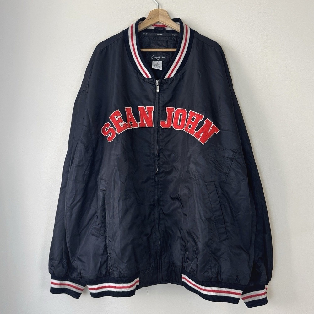 Vintage Sean John Black Satin Snap Varsity Stitched Letter Bomber Jacket - 5XL
